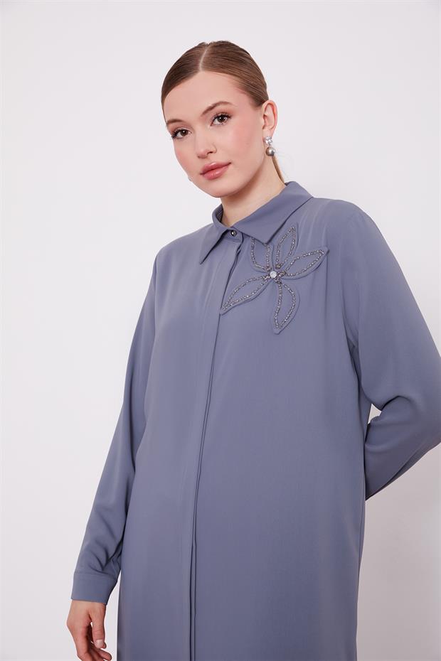 Antrasit Taş Çiçek Detaylı Tunik Takım