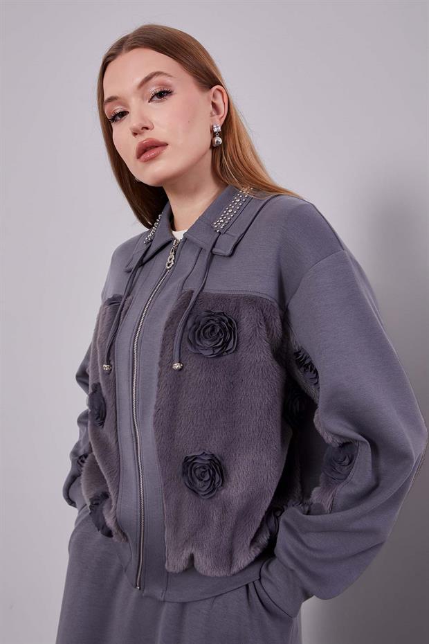 Antrasit Yaka Taşlı Gül Detay Etek Takım