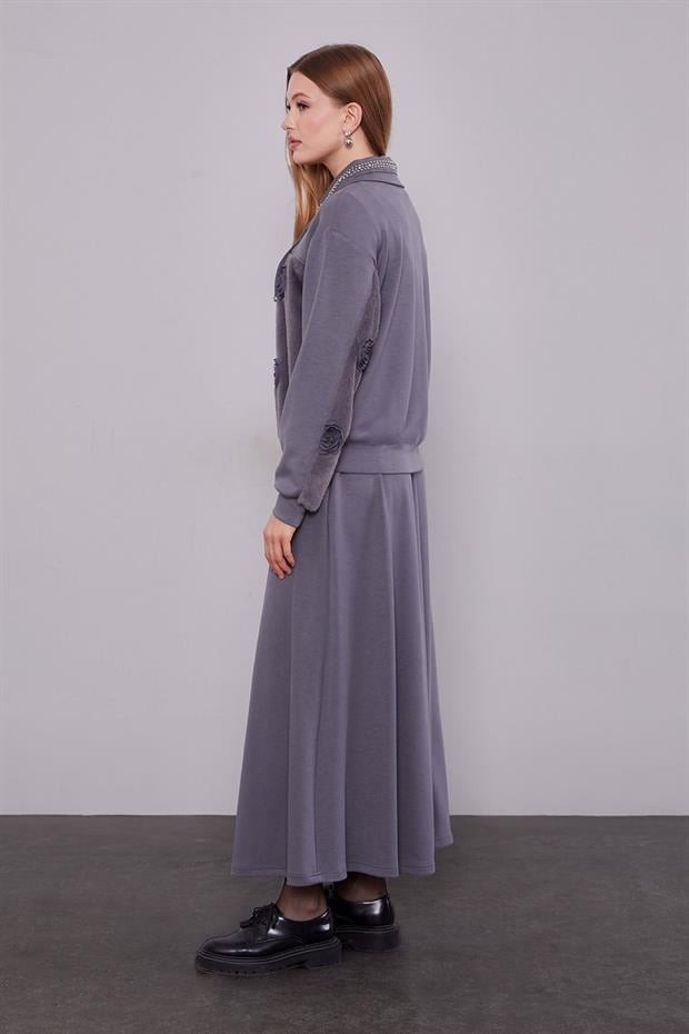 Antrasit Yaka Taşlı Gül Detay Etek Takım
