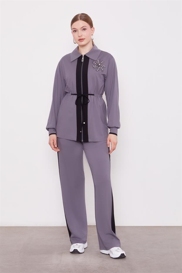 Antrasit Yakası İnci Güpür Detaylı İkili Takım