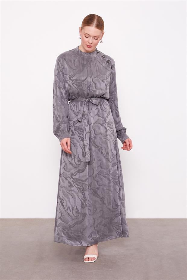 Antrasit Yakası Taş Detaylı Cupra Elbise