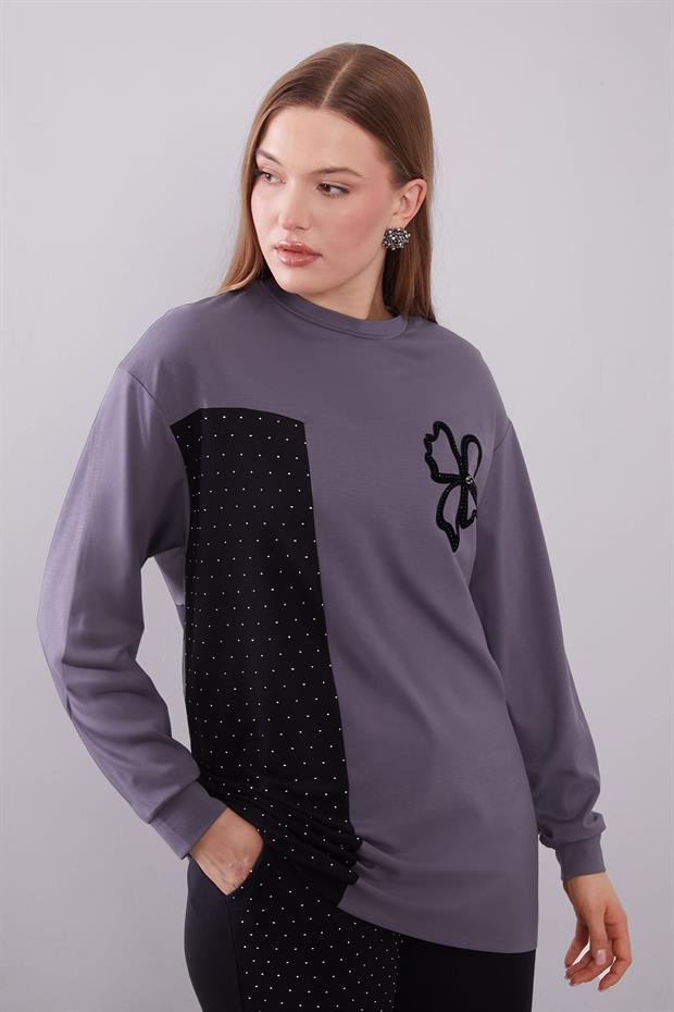 Antrasit Yonca Desen Detaylı İkili Takım