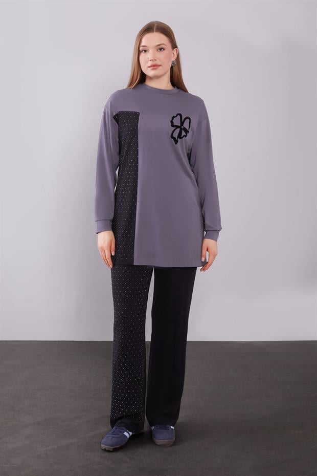 Antrasit Yonca Desen Detaylı İkili Takım