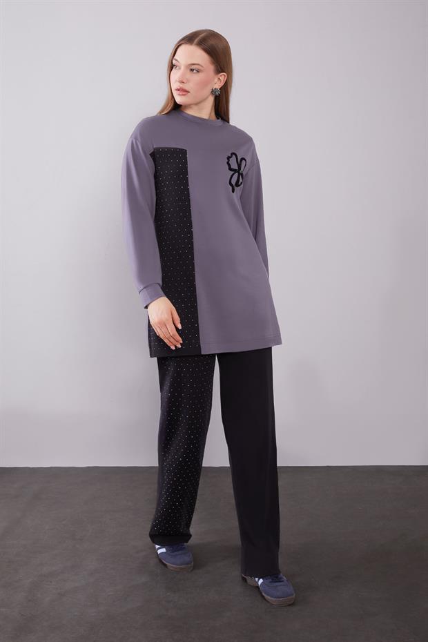 Antrasit Yonca Desen Detaylı İkili Takım