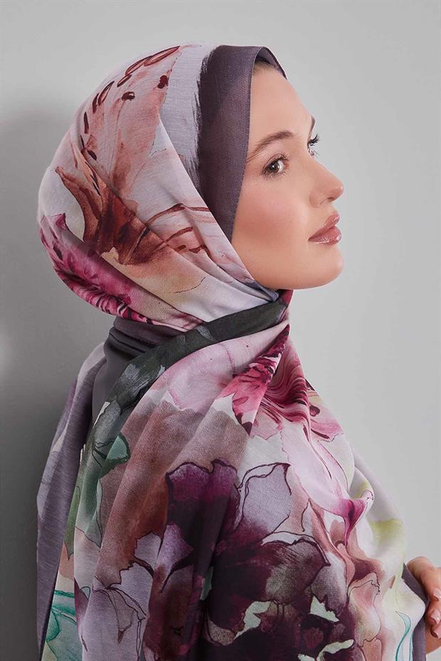 Antrasit Zambak Baskılı Sport Şal