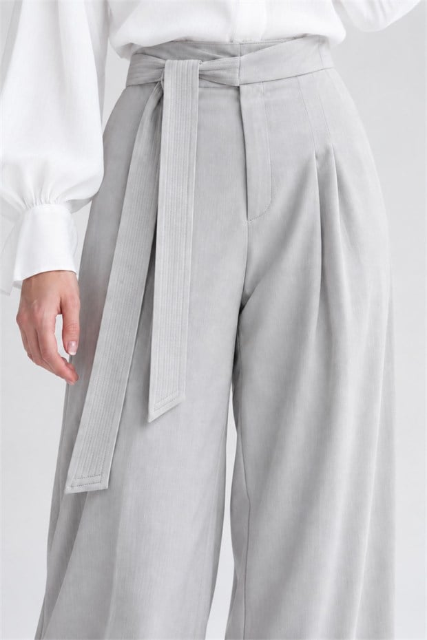 Bağlamalı Kuşak Detaylı Pantolon Gri