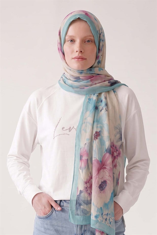 Bebe Mavisi Çiçek Desen Müslin Şal