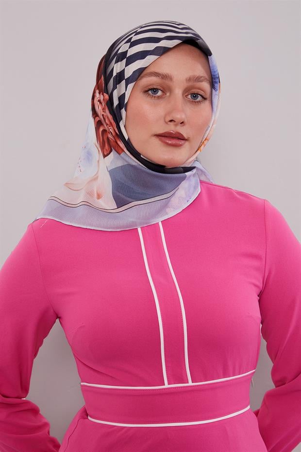 Bebe Mavisi Çizgili Çiçek Desen Pamuk Eşarp