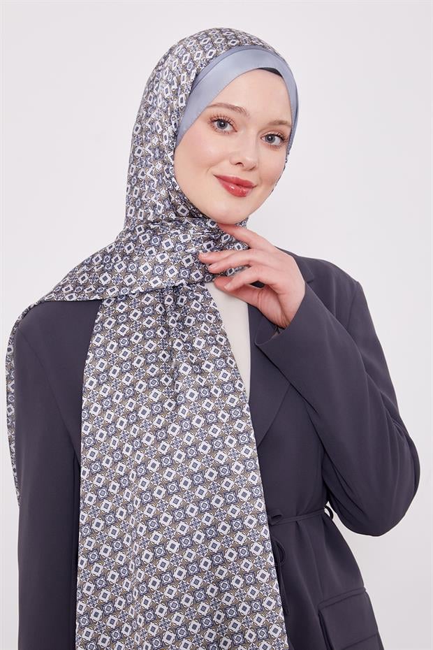 Bebe Mavisi Kare Desen Hint İpeği Şal