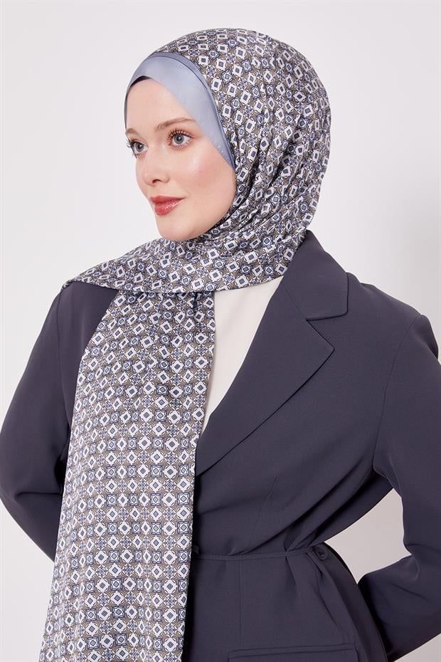 Bebe Mavisi Kare Desen Hint İpeği Şal