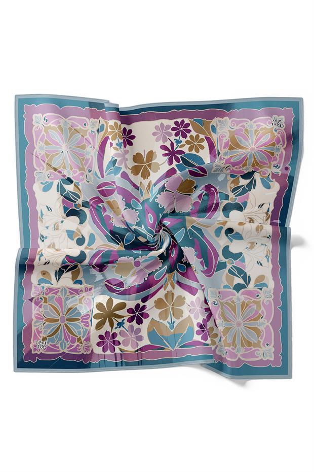 Bebe Mavisi Karışık Çiçek Desen Twill İpek Eşarp