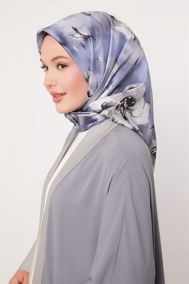 Bebe Mavisi Lotus Çiçek Twill İpek Eşarp