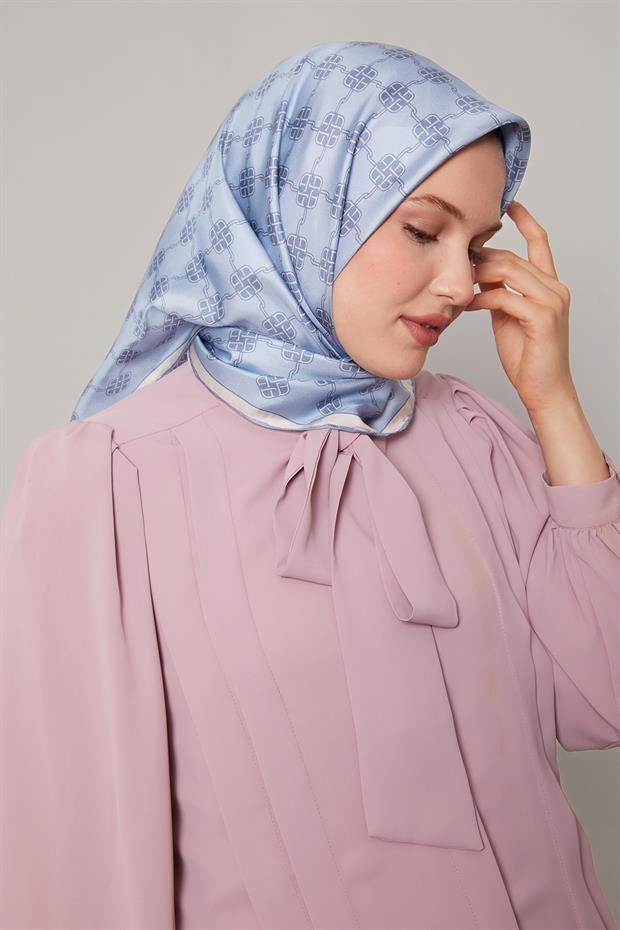 Bebe Mavisi Mini Yonca Desen Twill İpek Eşarp