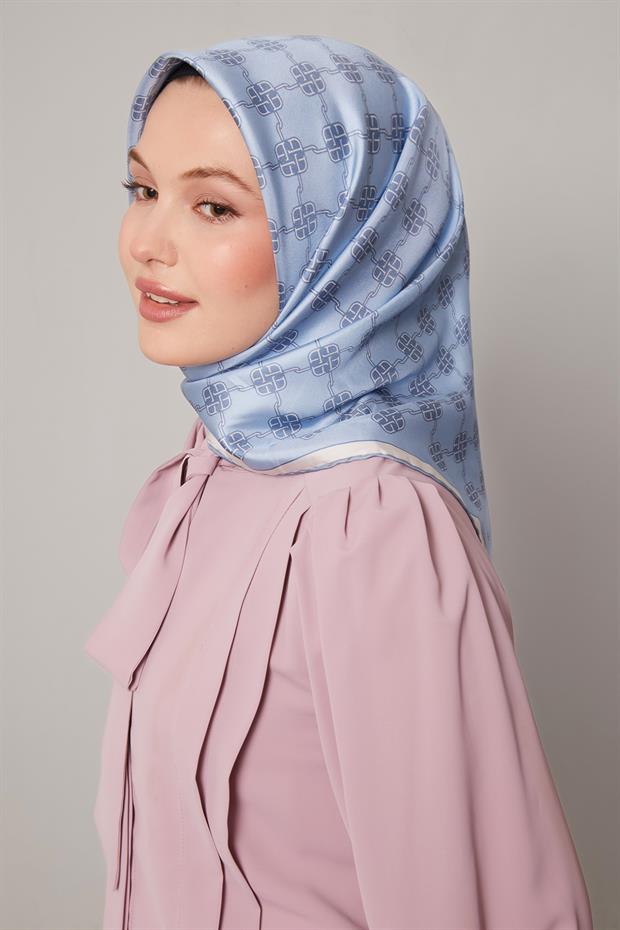 Bebe Mavisi Mini Yonca Desen Twill İpek Eşarp
