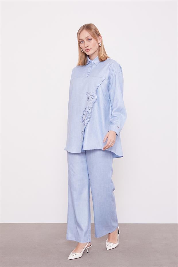 Bebe Mavisi Nakış Gül Detaylı Tunik Takım