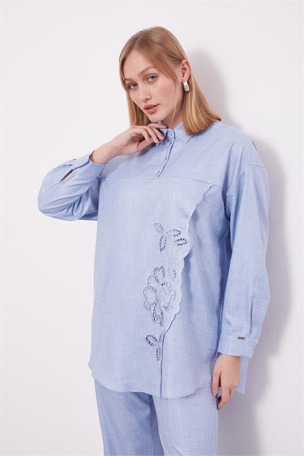 Bebe Mavisi Nakış Gül Detaylı Tunik Takım