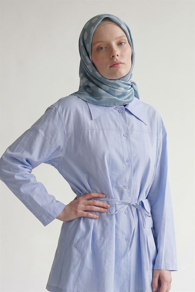 Bebe Mavisi Puantiyeli Twill İpek Eşarp