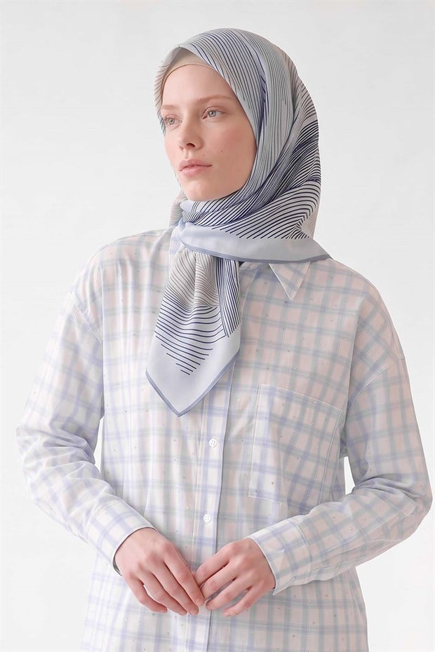 Bebe Mavisi Sarmal Çizgili Twill İpek Eşarp