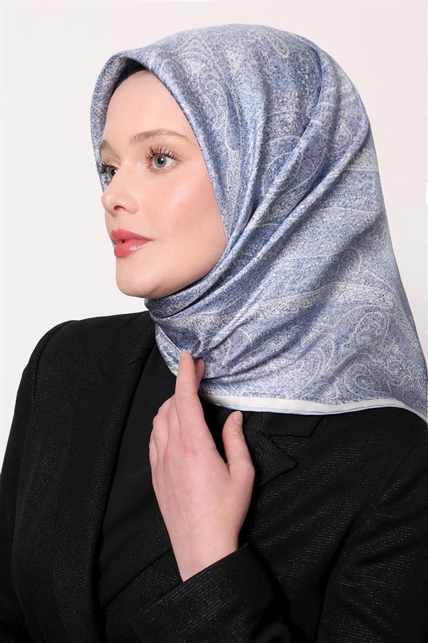 Bebe Mavisi Soyut Etnik Desen Twill İpek Eşarp
