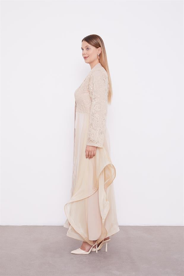 Bej Abaya Üstü Garnili Asimetrik Etek Ucu Ferace