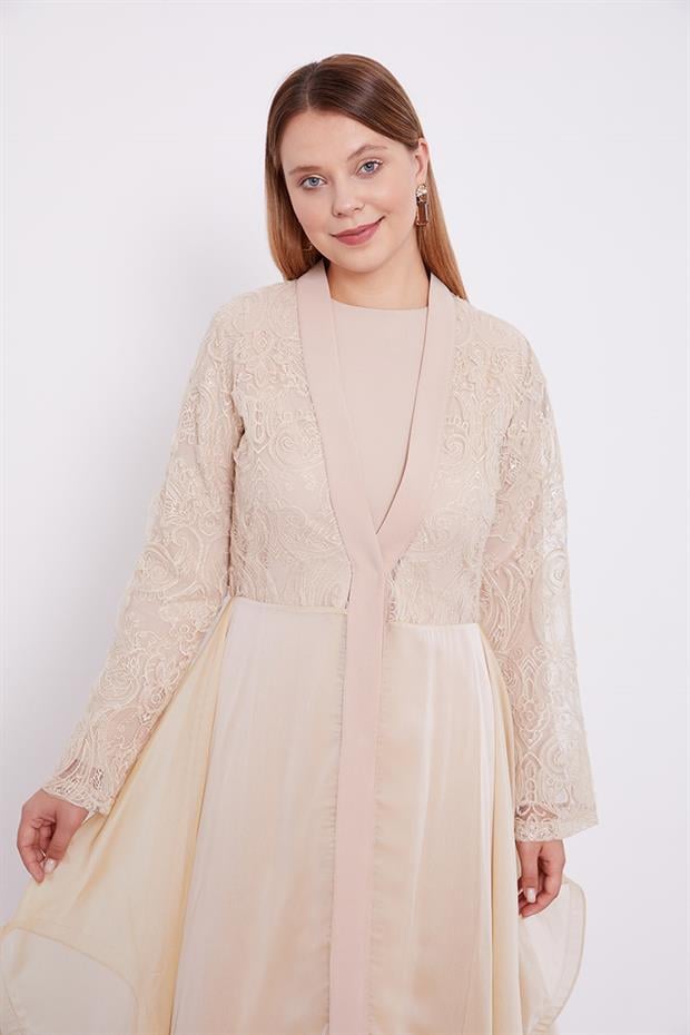 Bej Abaya Üstü Garnili Asimetrik Etek Ucu Ferace