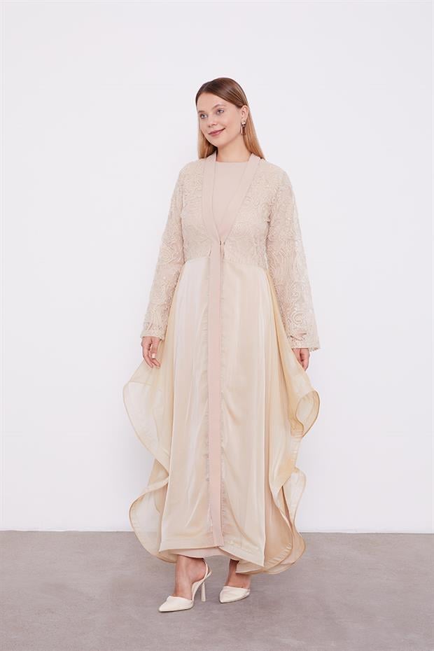 Bej Abaya Üstü Garnili Asimetrik Etek Ucu Ferace