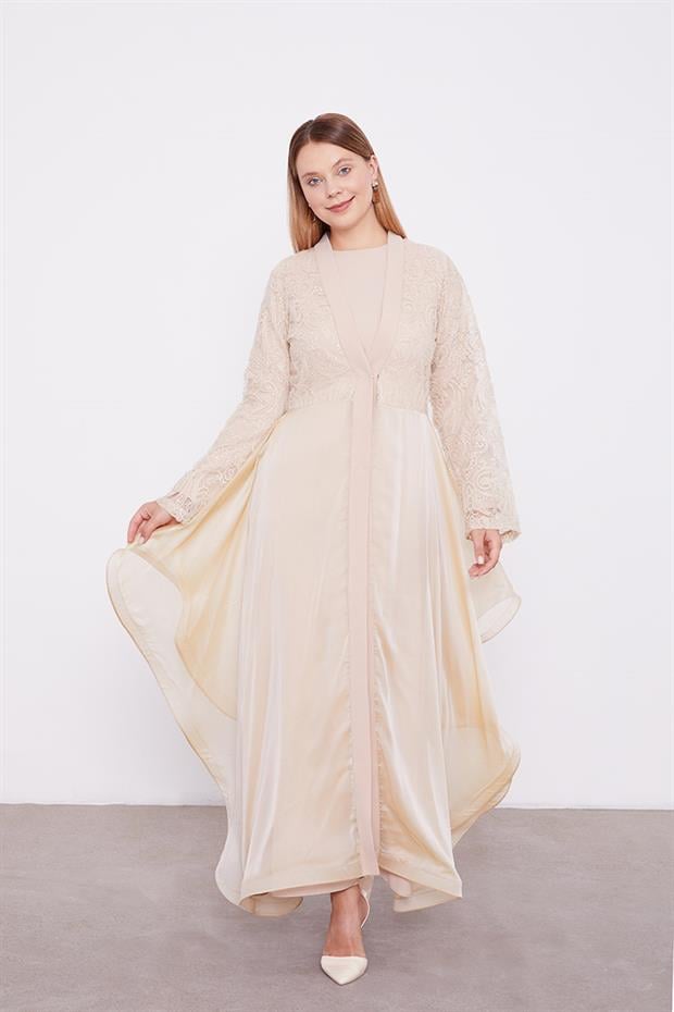 Bej Abaya Üstü Garnili Asimetrik Etek Ucu Ferace