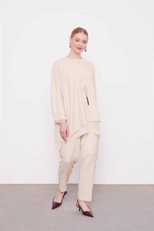 Bej Asimetrik Kesim Şifon Detaylı Tunik Takım