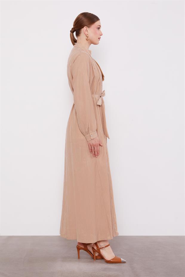 Bej Bel Bağlamalı Pile Detaylı Cupra Elbise