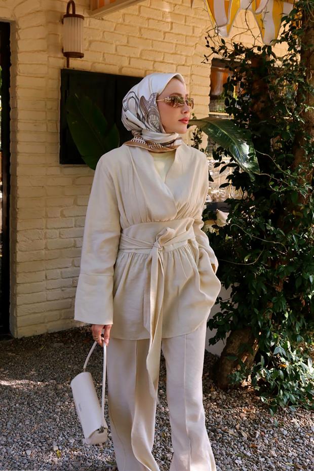 Bej Belden Kuşaklı İkili Takım