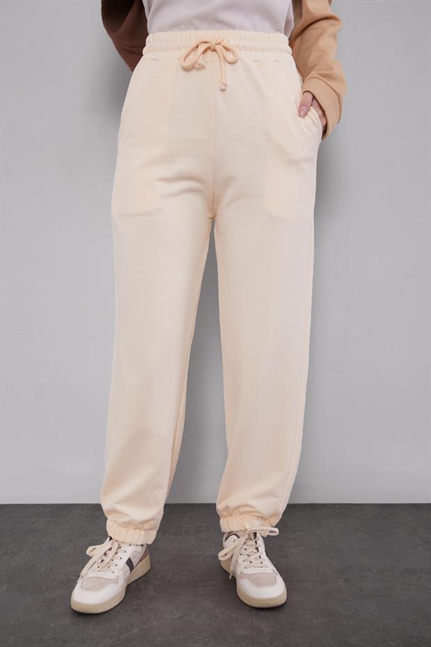 Bej Beli Lastikli Jogger Pantolon
