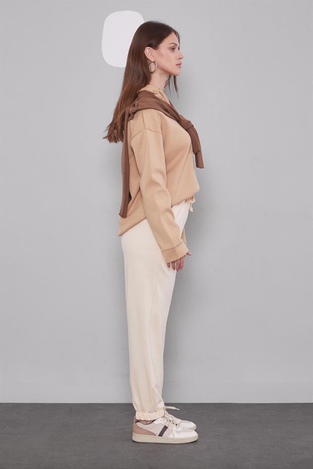 Bej Beli Lastikli Jogger Pantolon