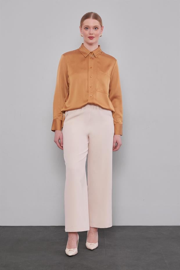 Bej Beli Lastikli Pantolon