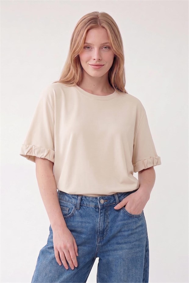 Bisiklet Yaka Kol Detaylı T-shirt Bej