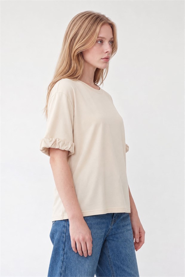 Bisiklet Yaka Kol Detaylı T-shirt Bej