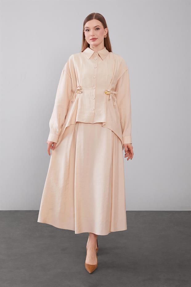 Bej Boncuk Bağlama Detaylı Etek Takım