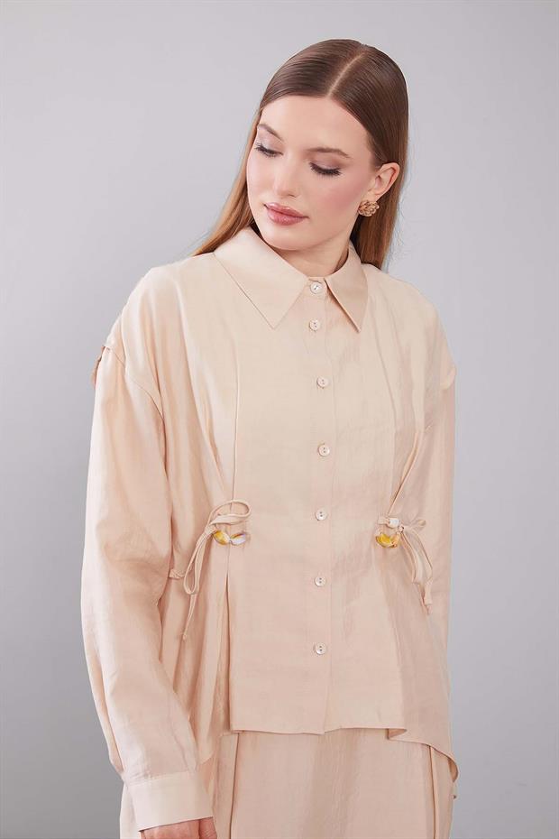 Bej Boncuk Bağlama Detaylı Etek Takım