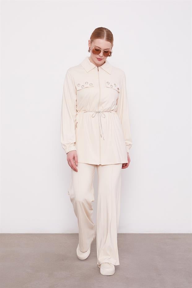 Bej Cepli Belden Büzgülü İkili Takım