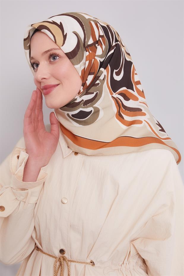 Bej Çiçek Dalı Aura Eşarp