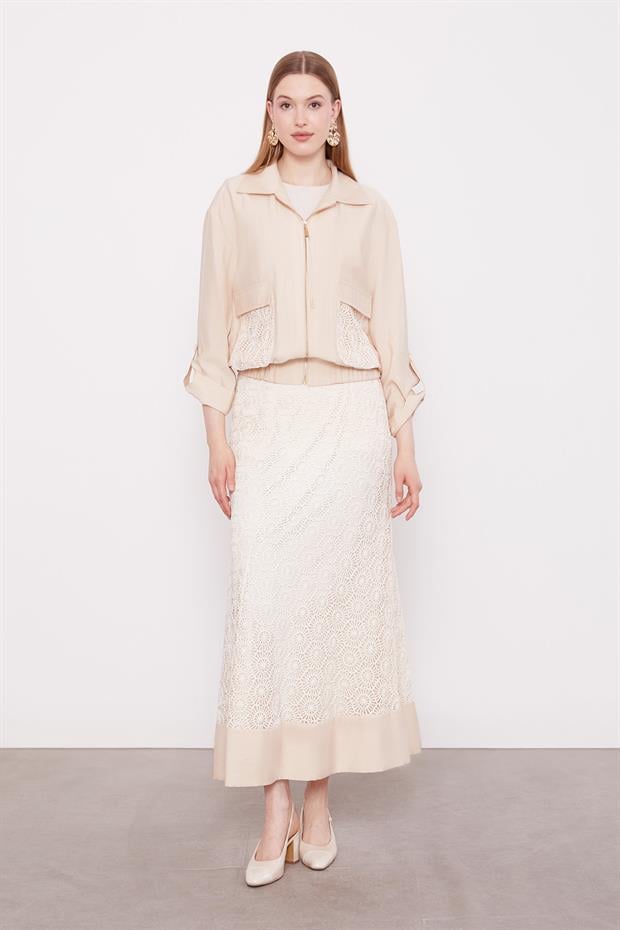 Bej Çiçek Dantelli Etek Takım