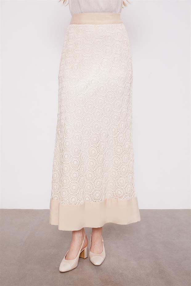 Bej Çiçek Dantelli Etek Takım