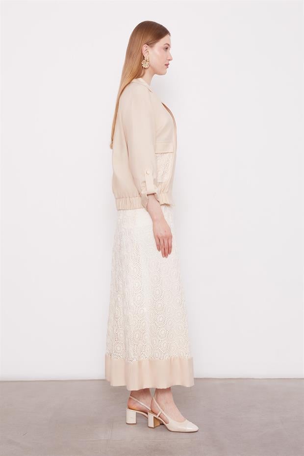 Bej Çiçek Dantelli Etek Takım