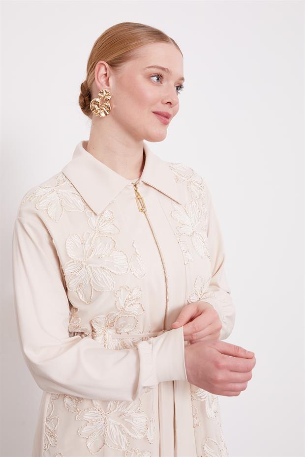 Bej Çiçek İşlemeli İkili Takım