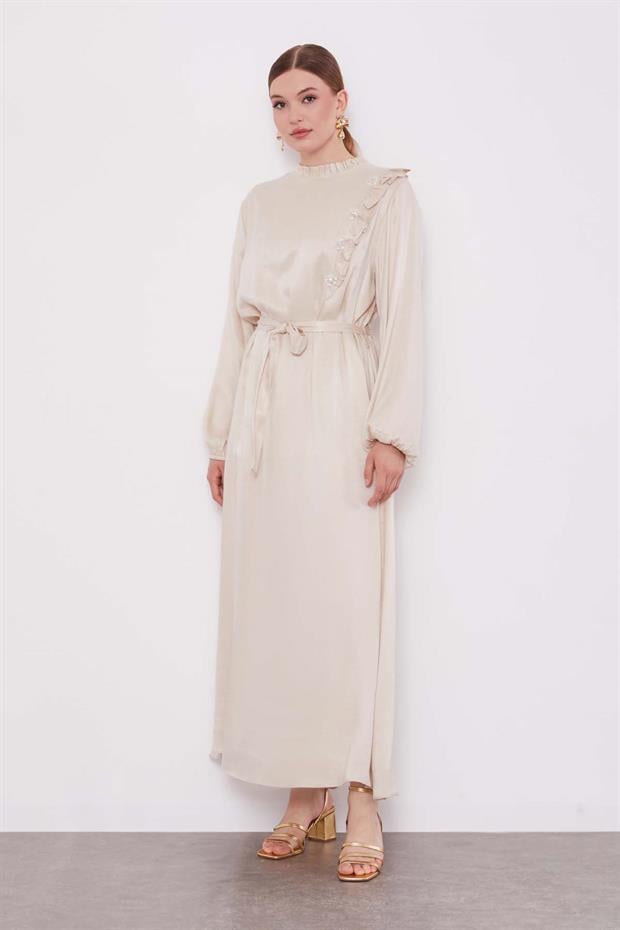 Bej Çiçek Taş Detaylı Cupra Elbise