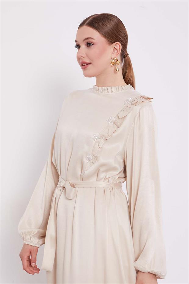 Bej Çiçek Taş Detaylı Cupra Elbise