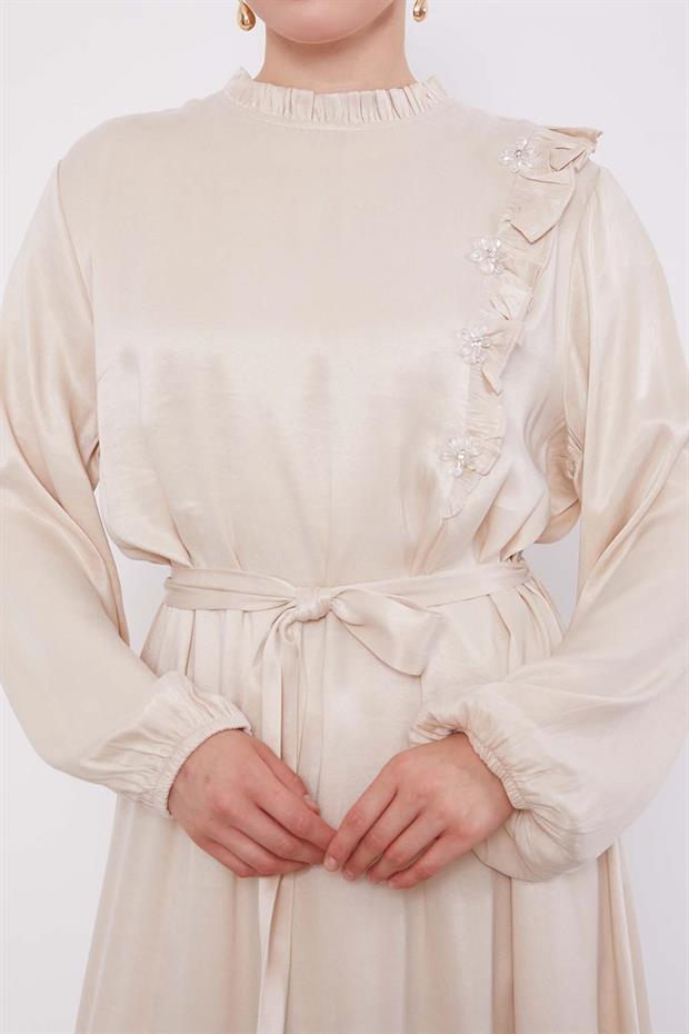 Bej Çiçek Taş Detaylı Cupra Elbise