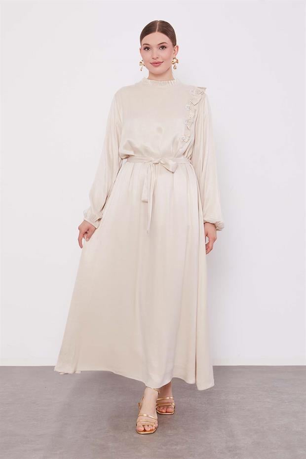 Bej Çiçek Taş Detaylı Cupra Elbise