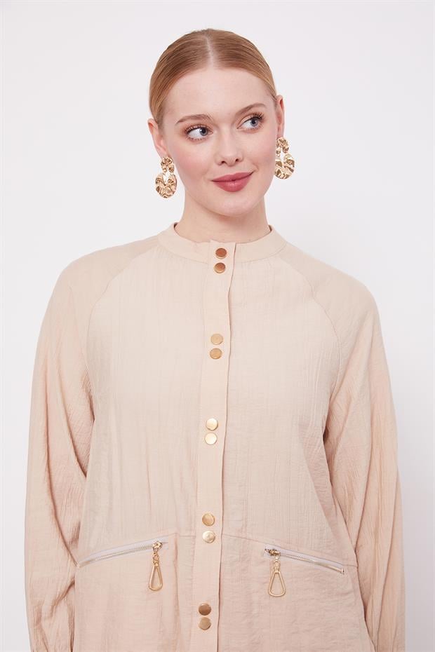 Bej Çift Düğme Detaylı Etekli Takım