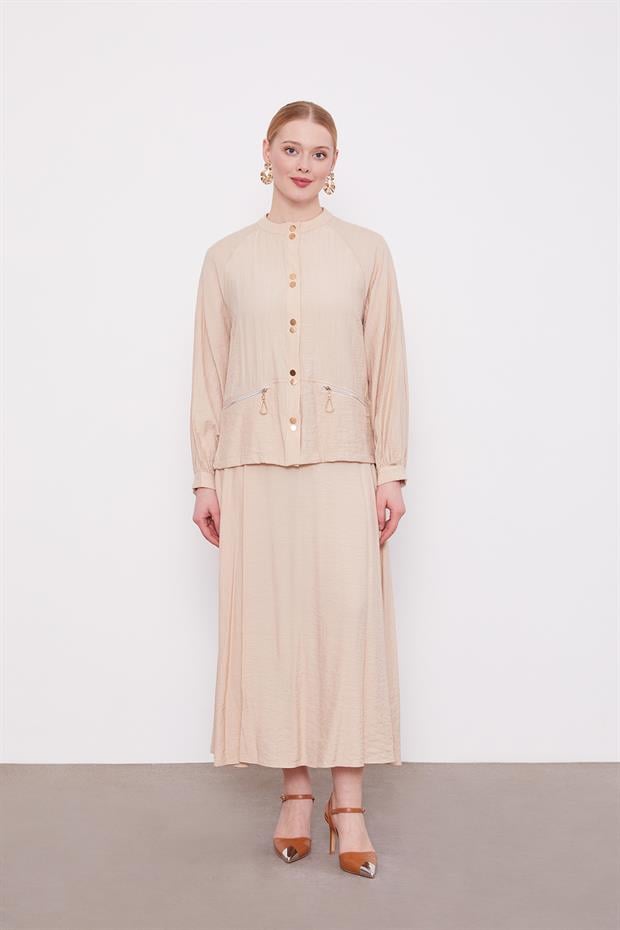 Bej Çift Düğme Detaylı Etekli Takım
