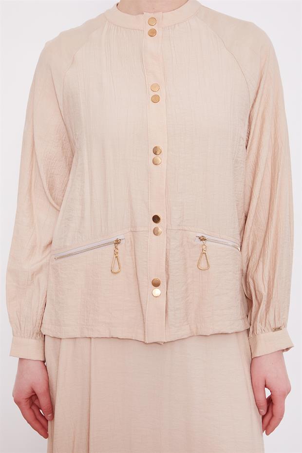 Bej Çift Düğme Detaylı Etekli Takım